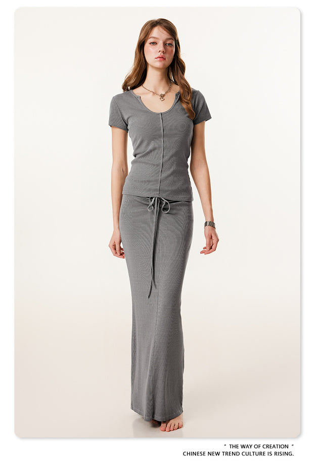 Summer Solid-color Waist-cinched U-neck Skin-friendly Top
