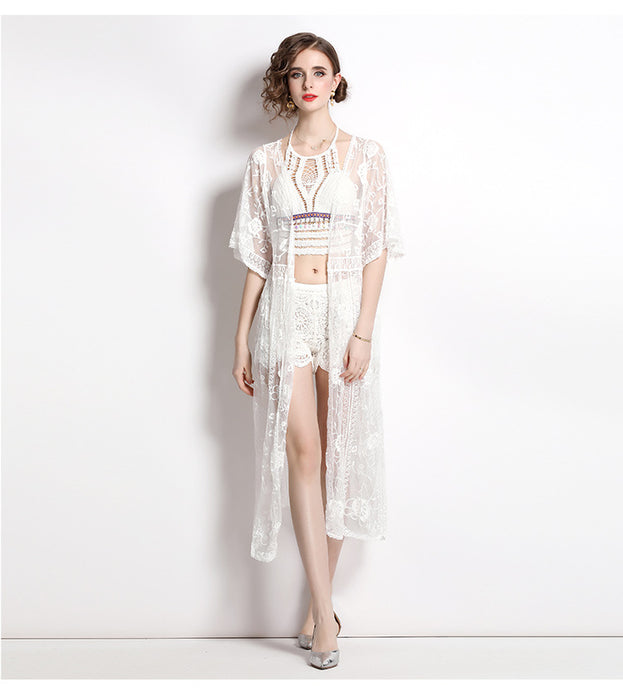 Lace Embroidery Mid-Length Sunscreen Cardigan Three-Piece Vest Set Wide Leg Pants
