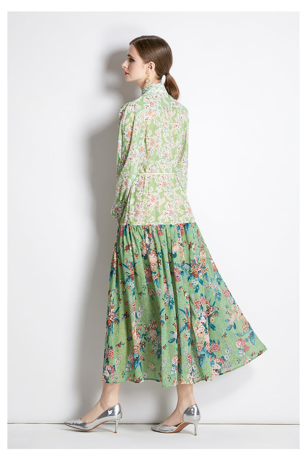 Fashion National Style Retro Stand-up Collar Lantern Sleeve Printed Long Skirt Dress