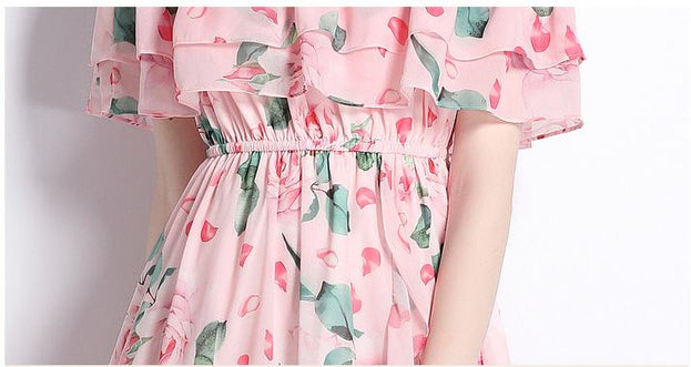 Peplum One-Line Neck Beach Skirt Slit Chiffon Large Hemline Long Skirt Dress
