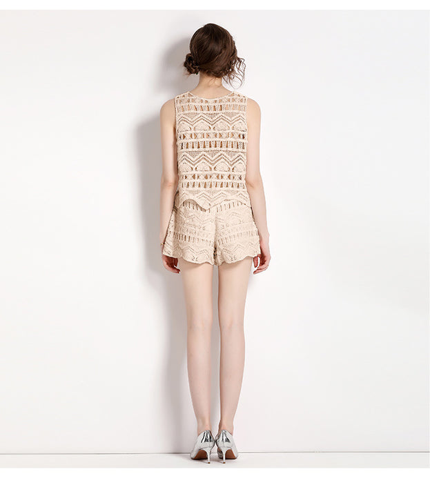 Knitted Hollowed Out Vest Loose Tassel Hook Floral Vest Top and Shorts Two-Piece Suit