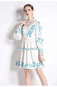 Vintage Lace Patchwork Print Fashion Temperament Long-Sleeved Skirt Dress