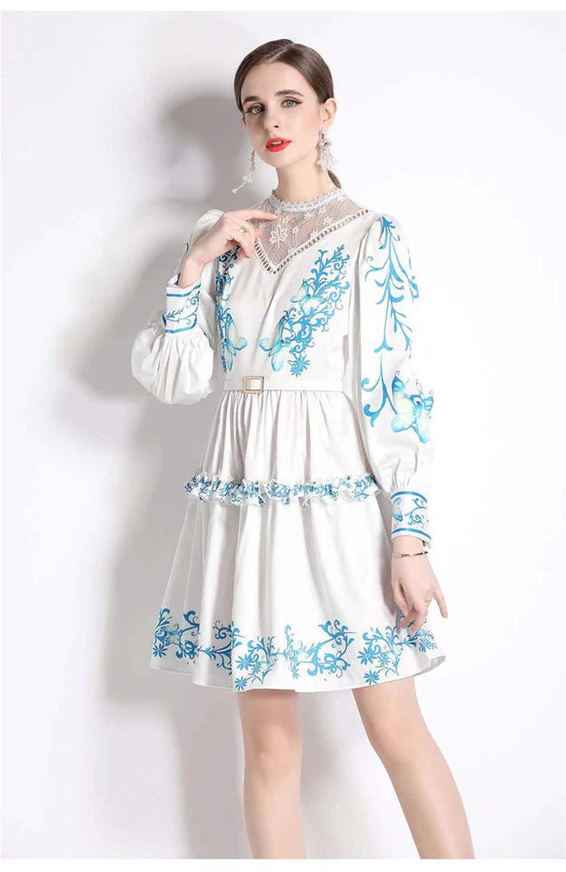 Vintage Lace Patchwork Print Fashion Temperament Long-Sleeved Skirt Dress