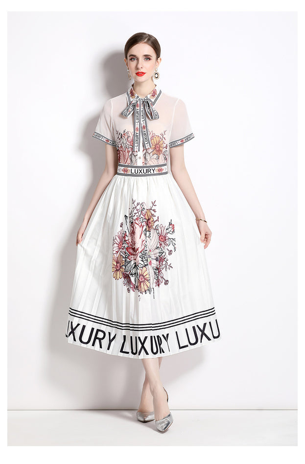 Fashion Vintage Printed Lapel Shirt Large Swing Pleated Skirt Fashion Suit