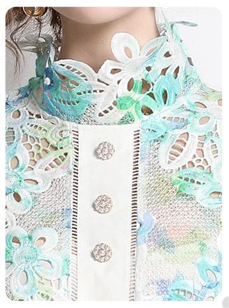 Sweet Print Water-Soluble Hook Flower Hollowed Out Bubble Long-Sleeved Skirt Dress Peplum