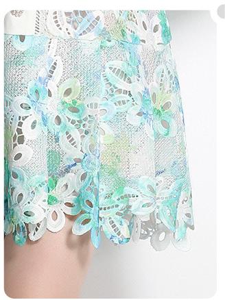 Sweet Print Water-Soluble Hook Flower Hollowed Out Bubble Long-Sleeved Skirt Dress Peplum