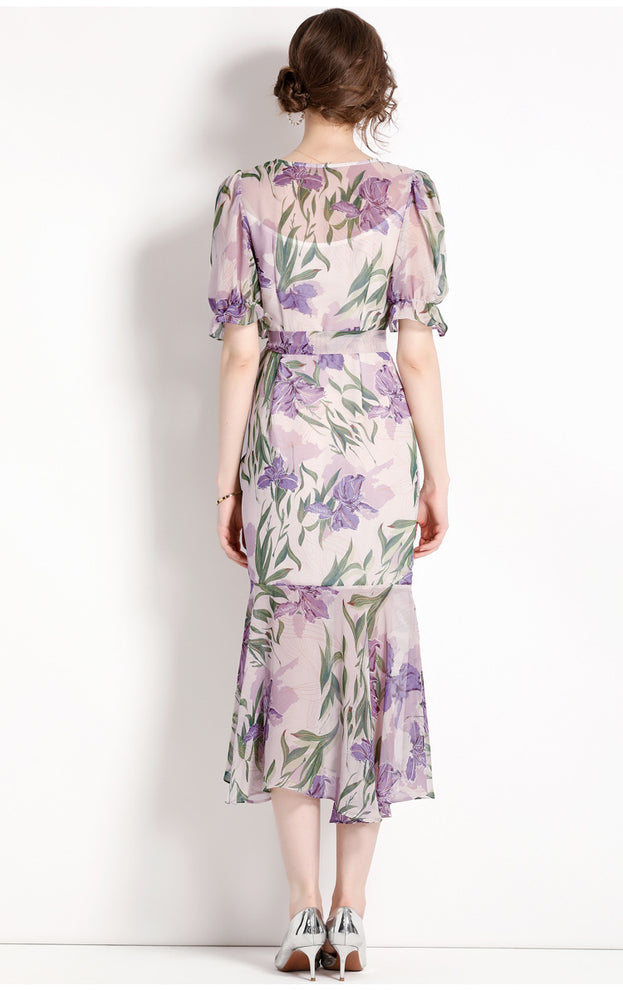 Printed Chiffon Fold Waist Slimming Lantern Sleeve Dress Long Skirt
