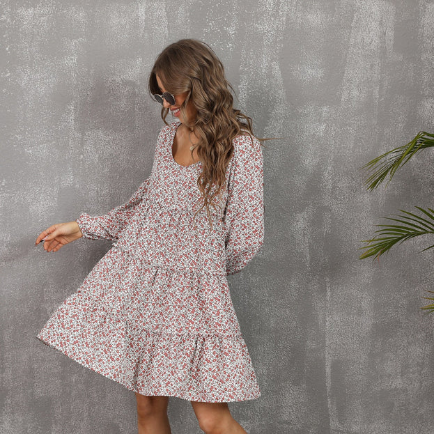 Fashion Round-Neck Long Sleeve Printed Ruffled Hem with Large Flared Dress for Women