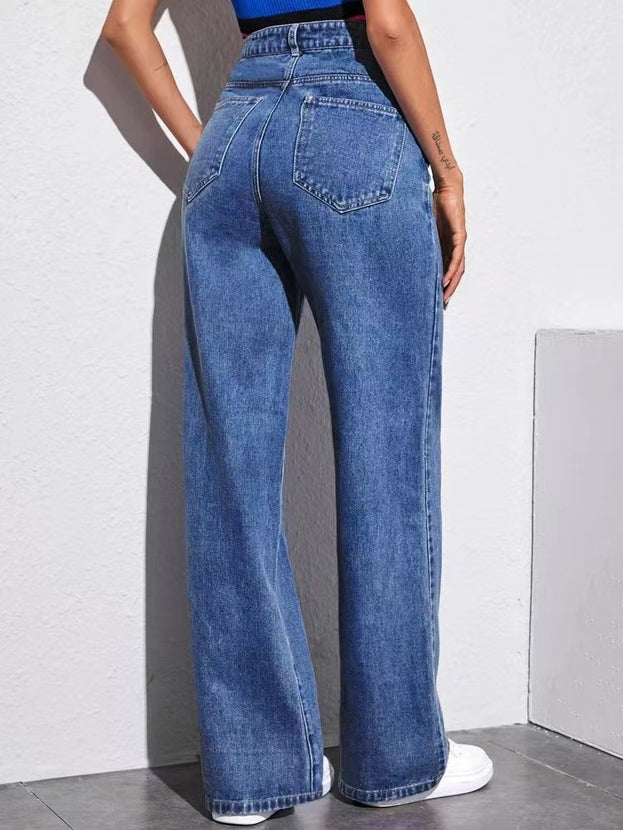 Spring Fashion Hight-Waist Loose Wide-Leg Straight Denim Pant for Women