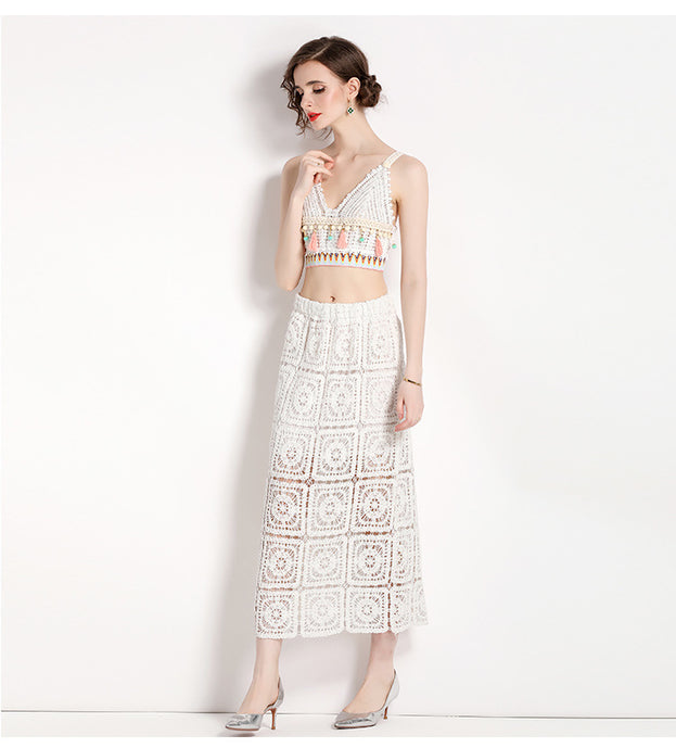 Hook Flower Embroidery Hollowed Out Short Style Suspender Top and Bag Hip Skirt Two-Piece Set