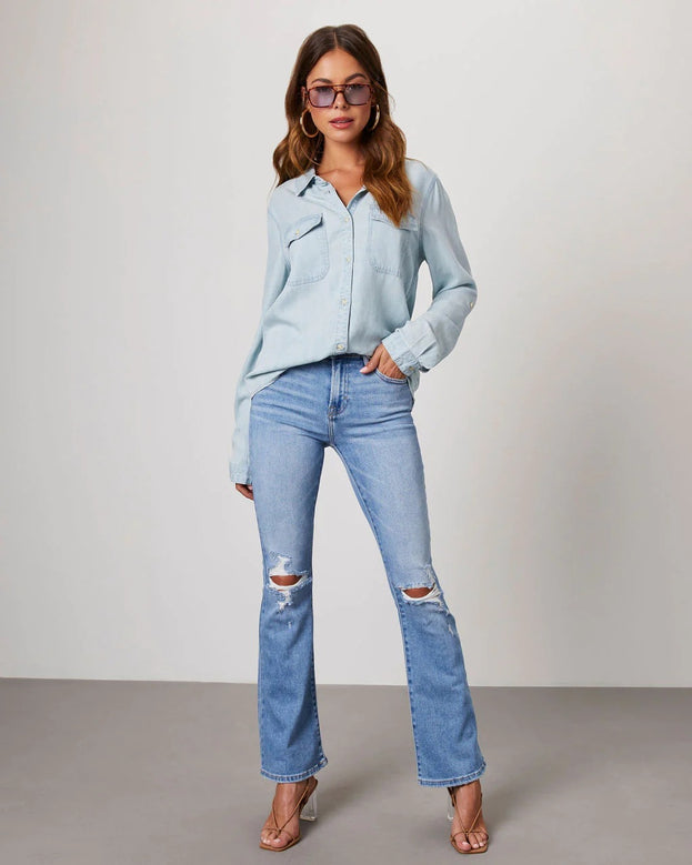 Fashion Casual Versatile Loose Polo-Neck Long Sleeve Denim Blouse for Women
