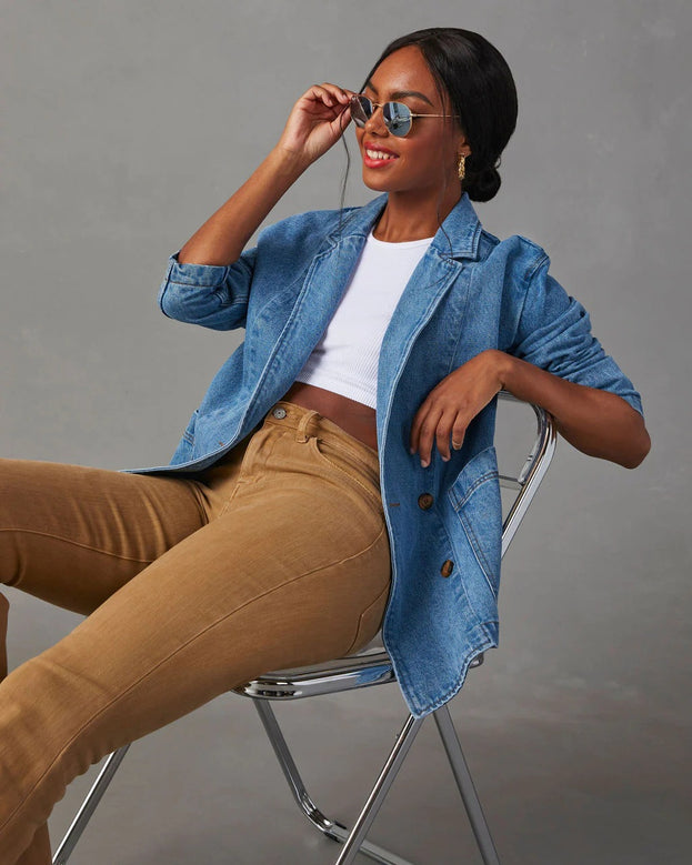 Fashionable and Casual Long-Sleeved Washed Blue Denim Blazer with Pockets for Women
