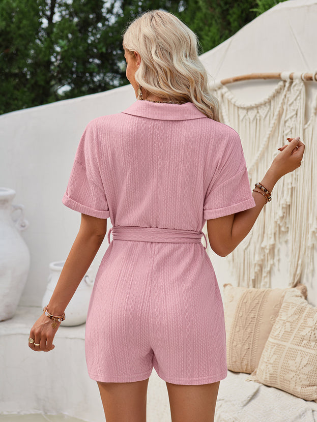 Summer Casual Knitted Jacquard V-Neck Waist-Tied Short Jumpsuit for Women