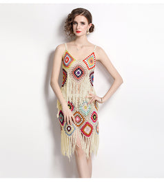 Tassel Knitted Hook Flower Suit Female Suspender Top and Sexy Short Skirt Two-Piece Set