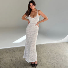 Summer Sexy V-Neck Lace Transparent Slim-Fitting Long Slip Dress for Women