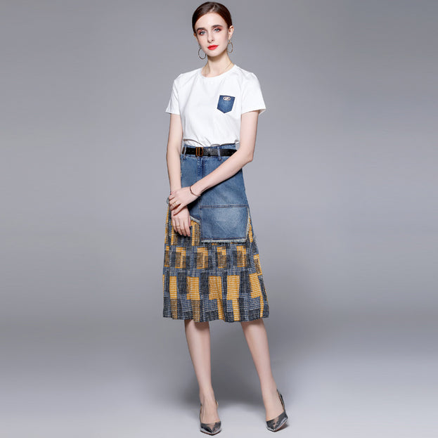 New Women's Crew Neck Short Sleeve T-shirt and Temperament Fashion Ftitching Denim Skirt Two-Piece Suit