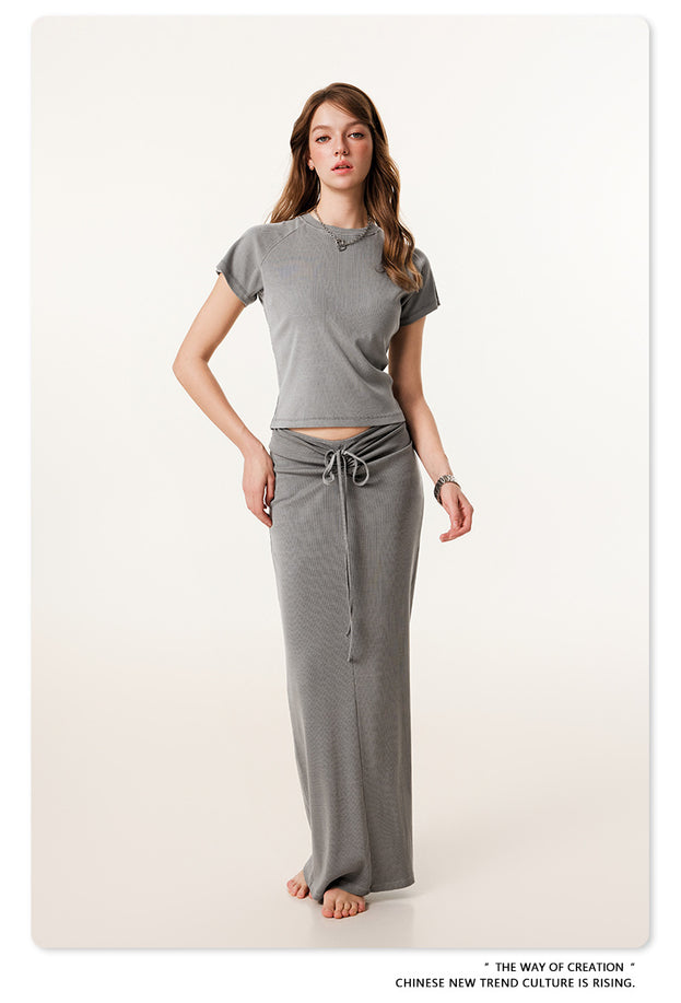 Summer Retro Round-neck Short-sleeved Crop Navel Maillard Color TOP