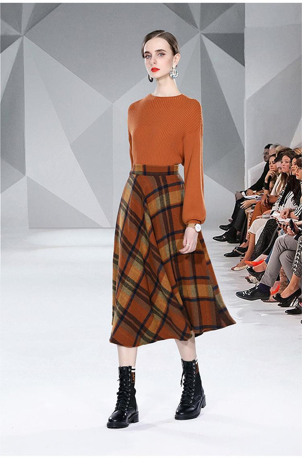 Pullover Long-Sleeved Sweater and Wool Plaid Skirt Set