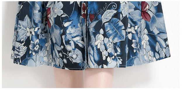 Printed Lapel Short Sleeve Waist Slimming Mid-Length Dress