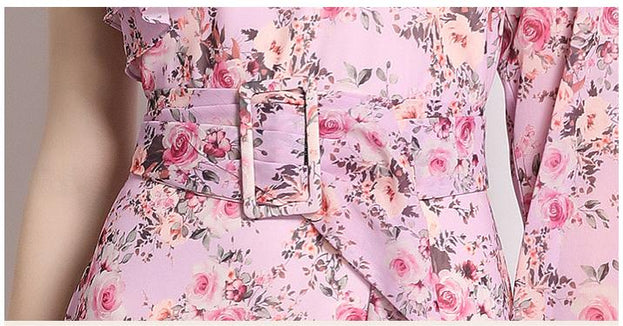 Resort Style Printed Temperament Oblique Shoulder Irregular Long-Sleeved Lotus Leaf Dress