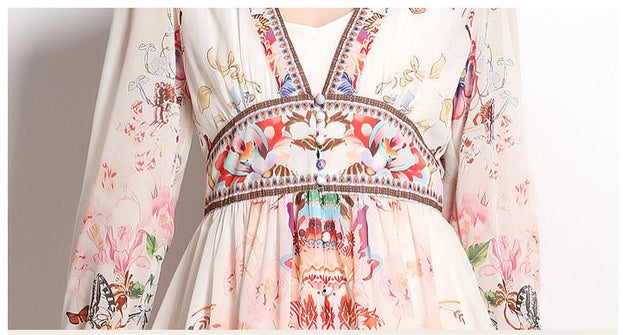 Temperament V-Neck Vintage Print Long-Sleeved Full-Length Dress with Waist Tucked in