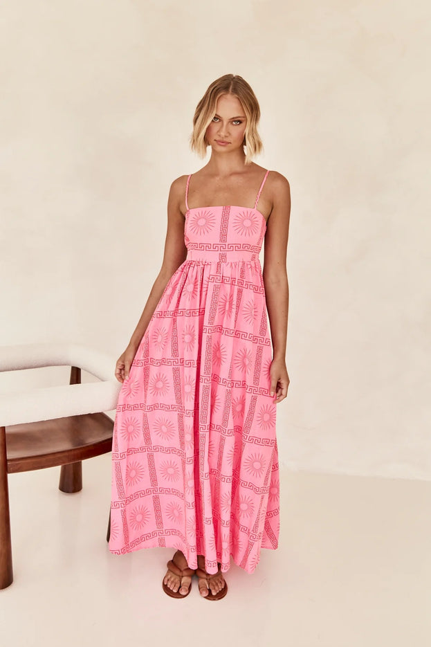 Summer Fashion Casual Cutout Printed Waisted Long Slip Dress for Women