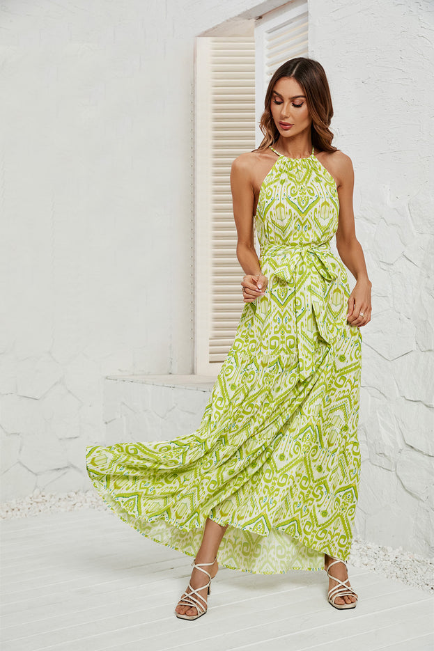 Summer Printed Fresh and Light Style Waist-Tie Halter-Neck Drawstring Dress for Women