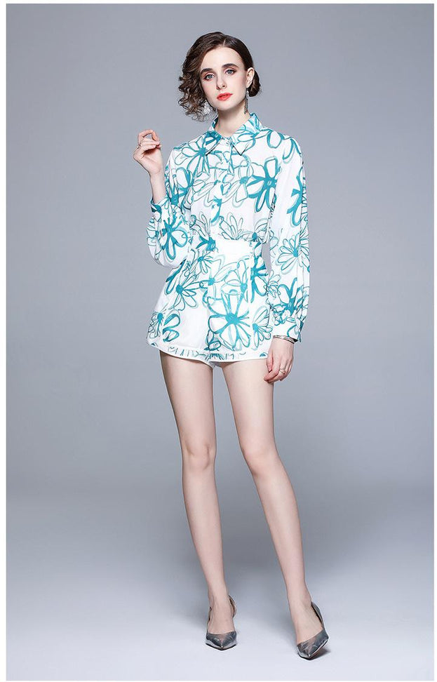 Lapel Chiffon Print Slim Temperament Fashion Shirt and Shorts Suit