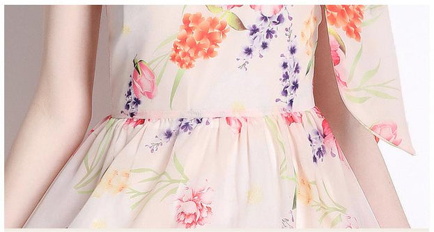 Fashion Resort Ethos Oblique Shoulder Lace-Up Print Full-Length Dress with Waist Tucked