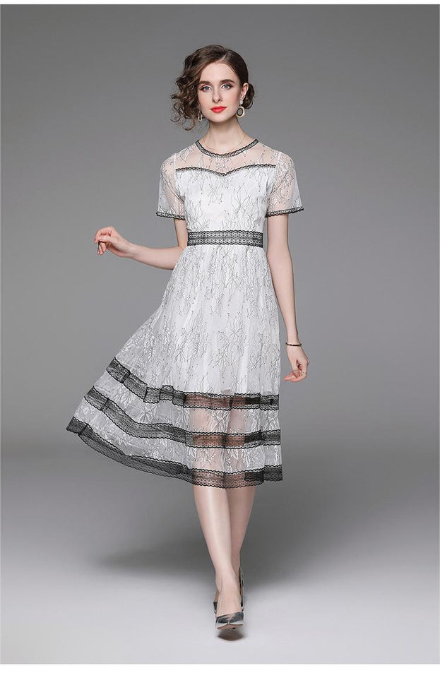 Lace Sexy Temperament Slimming Waist Show Round Neck Short Sleeve MIDI Dress