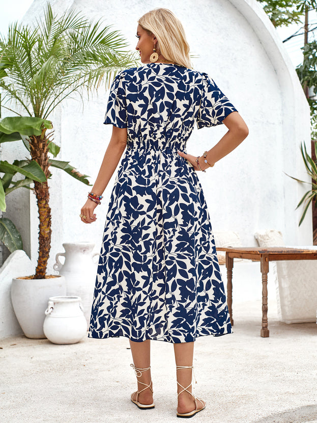 Summer V-Neck Waisted Printed Short Sleeve Dress for Women