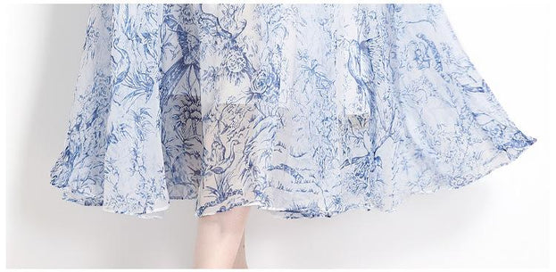 Lace-Up Print Long-Length Holiday Dress with Five-Point Sleeves