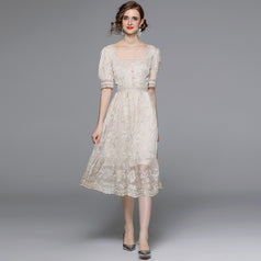 Vintage Embroidered Dress Square Neck Short Sleeve Slim MIDI Waist Tucked in