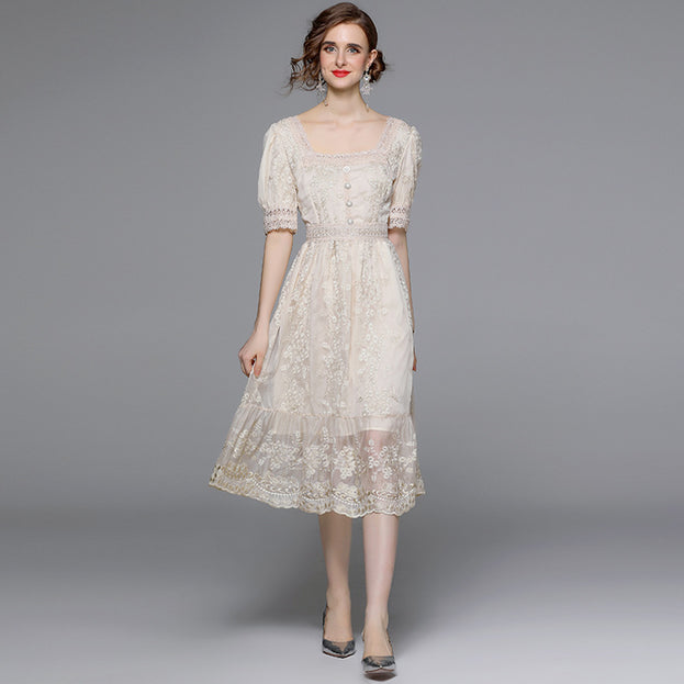 Vintage Embroidered Dress Square Neck Short Sleeve Slim MIDI Waist Tucked in