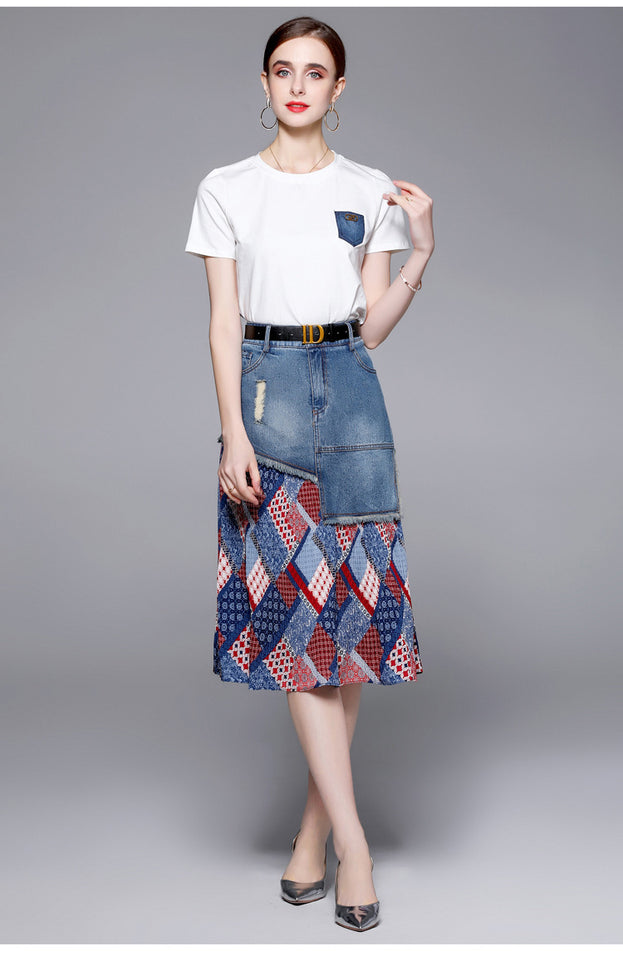 New Women's Crew Neck Short Sleeve T-shirt and Temperament Fashion Ftitching Denim Skirt Two-Piece Suit