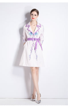 Fashion Printed Suit Collar Coat Temperament Waist Slimming Breasted Mid-Length Trench Coat