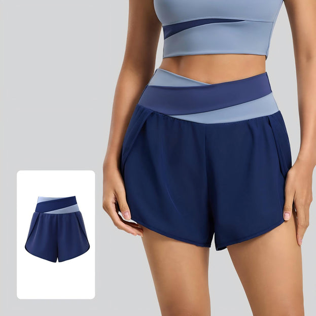 Color-Blocked Faux Two-Piece Anti-Exposure Women's Sports Shorts