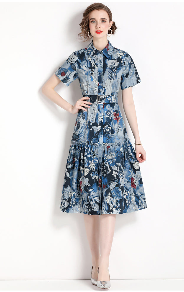 Printed Lapel Short Sleeve Waist Slimming Mid-Length Dress