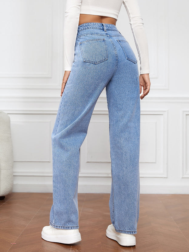Summer Fashion Casual Loose Hight-Waist Washed Straight Denim Pant for Women