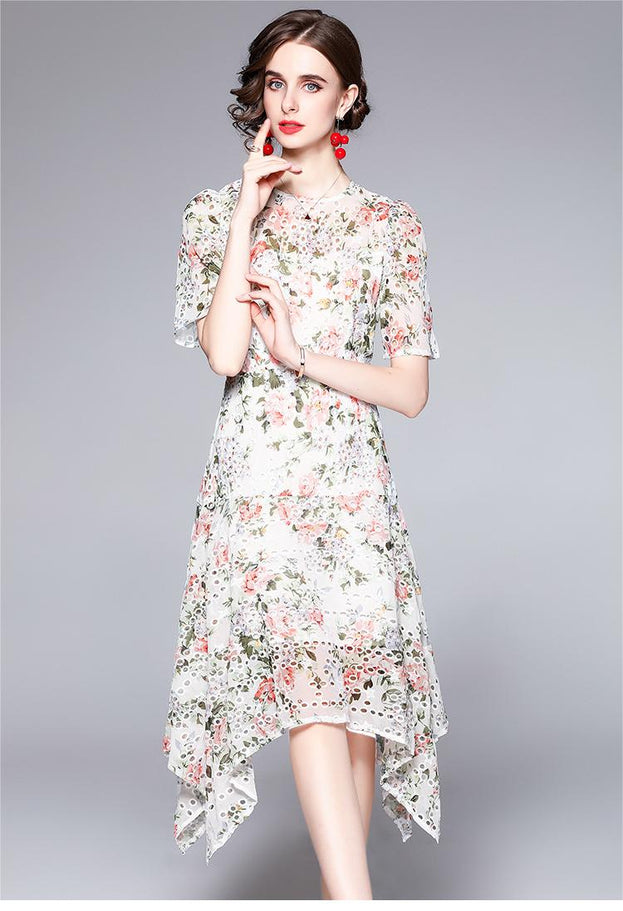 Printed Embroidery Hollowed Out Fashion Irregular Dress