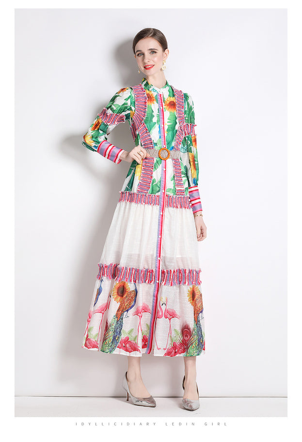 Resort Style Print Long Skirt Retro Fashion Sweet Lantern Sleeve Color Bump Stand Collar Dress