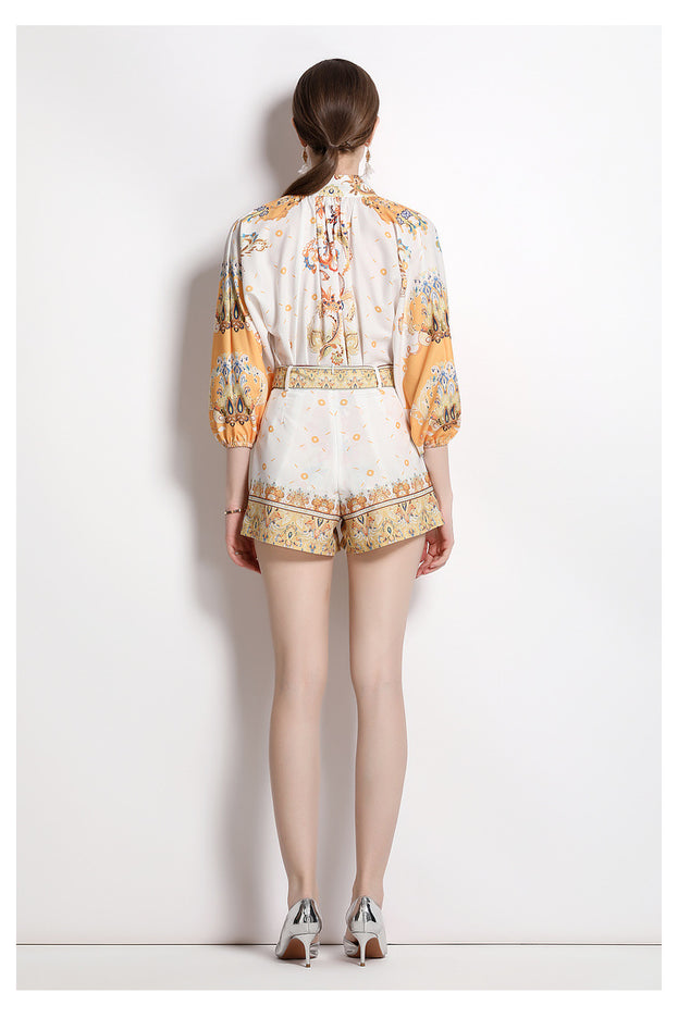 Women's Loose Long Sleeve Printed Shirt and Shorts Two Piece Suit