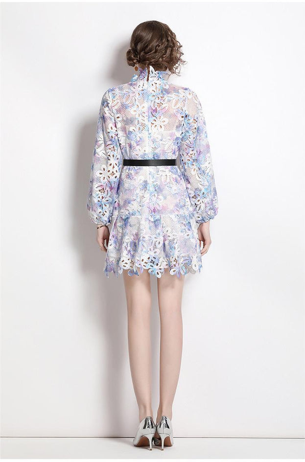 Sweet Print Water-Soluble Hook Flower Hollowed Out Bubble Long-Sleeved Skirt Dress Peplum