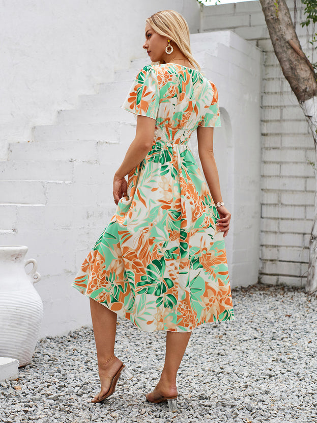 Summer Printed V-Neck Waisted Short Sleeve Holiday-Style Dress for Women