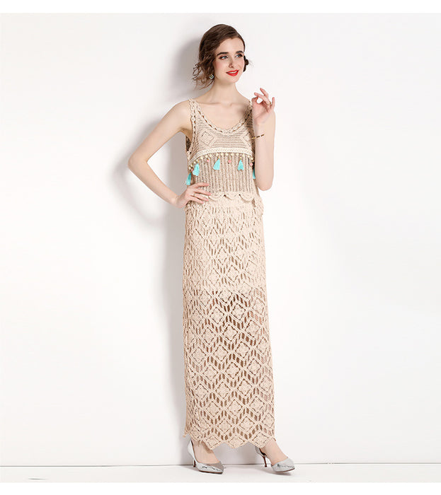 Resort Wind Hook Flower Embroidery Hollowed Out Vest Top and Long Half Skirt Two-Piece Set