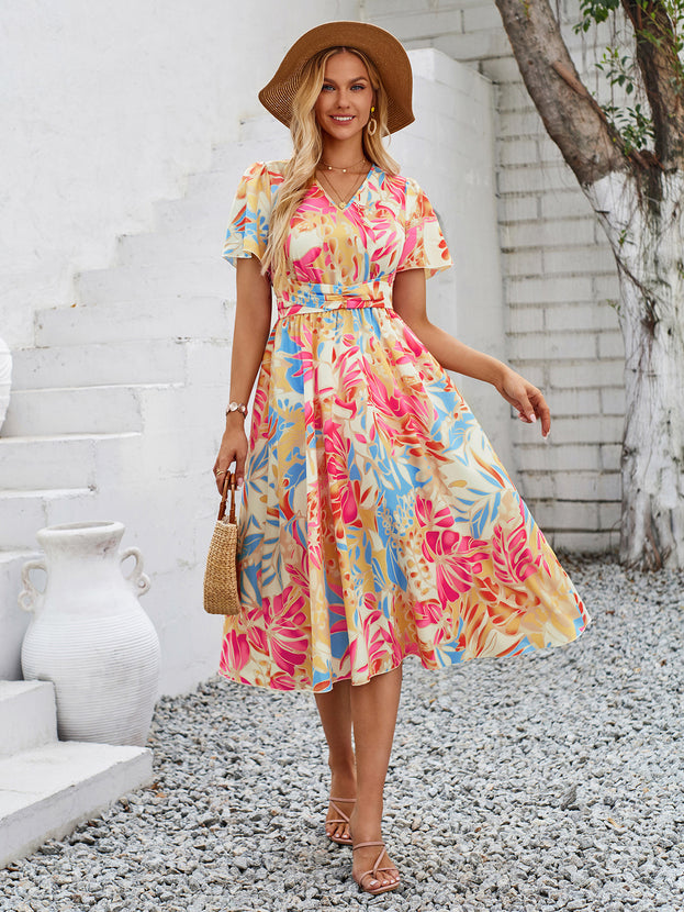 Summer Printed V-Neck Waisted Short Sleeve Holiday-Style Dress for Women