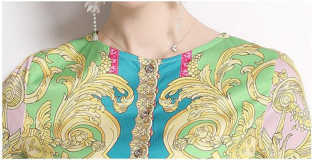Vintage Print Print MIDI Dress with Waist Drawstring for Slimming