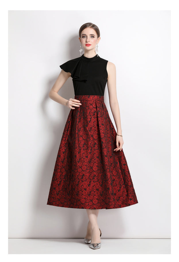 Vintage Stand-Up Collar Peplum Slim Slim Patchwork Jacquard Long Skirt Dress