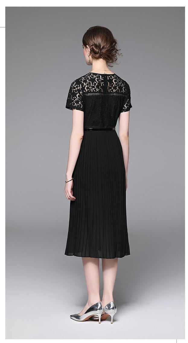Elegant Crewneck Short Sleeve Lace Patchwork Pleated Dress