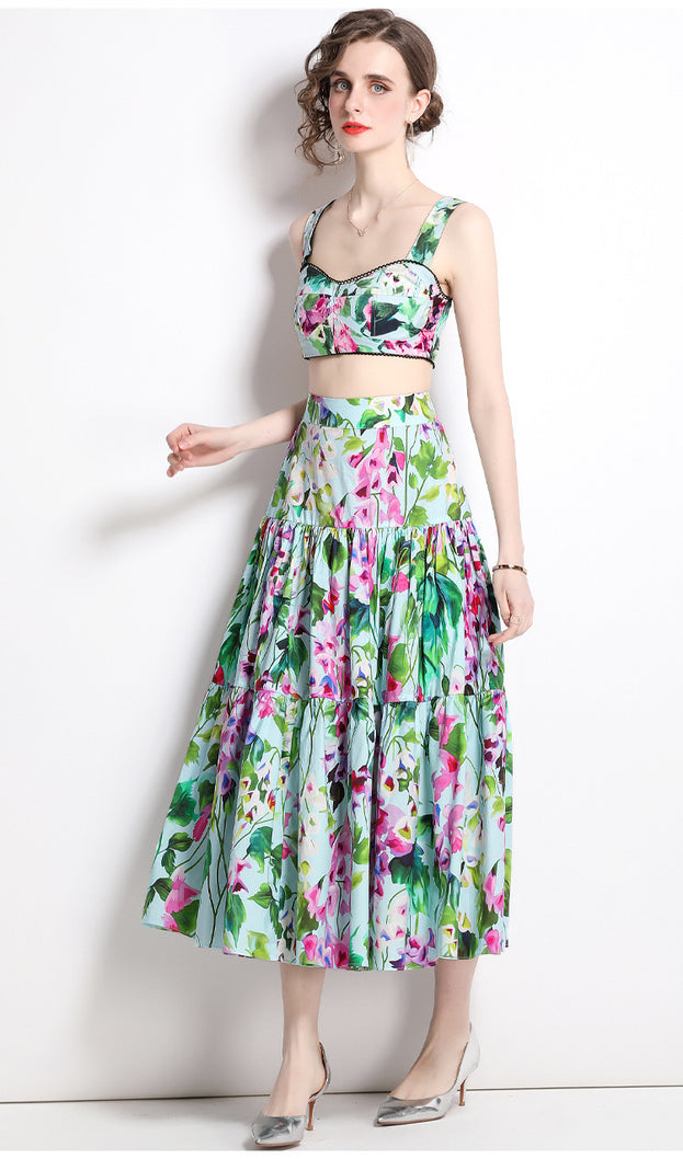 Vintage Sleeveless Short Style Chest Wrap Suspender and Printed High-Waisted Skirt Two-Piece Suit